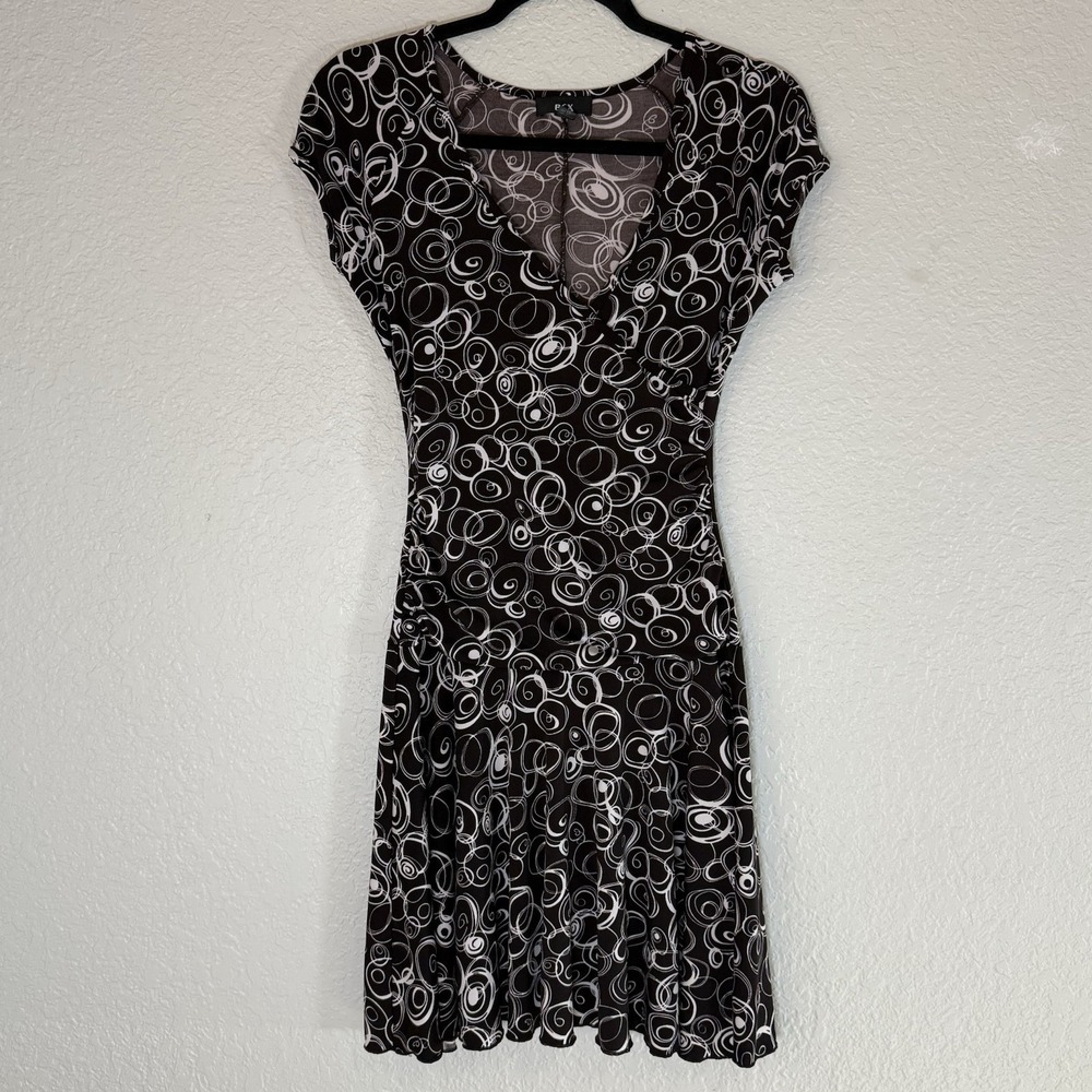 BCX Sz M Brown Y2K Dress V Neck Flared Swirl Abstract